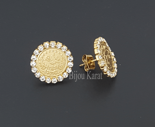 Ceyrek Tugra Cup 22 Ayar Altin Kaplama Coins Earrings 22 Carat GP Gold 17mm - Picture 1 of 1