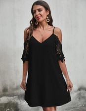 Black Lace Drop Cold Shoulder Sleeves V Neck Ladies Dress Size M 10 Holidays