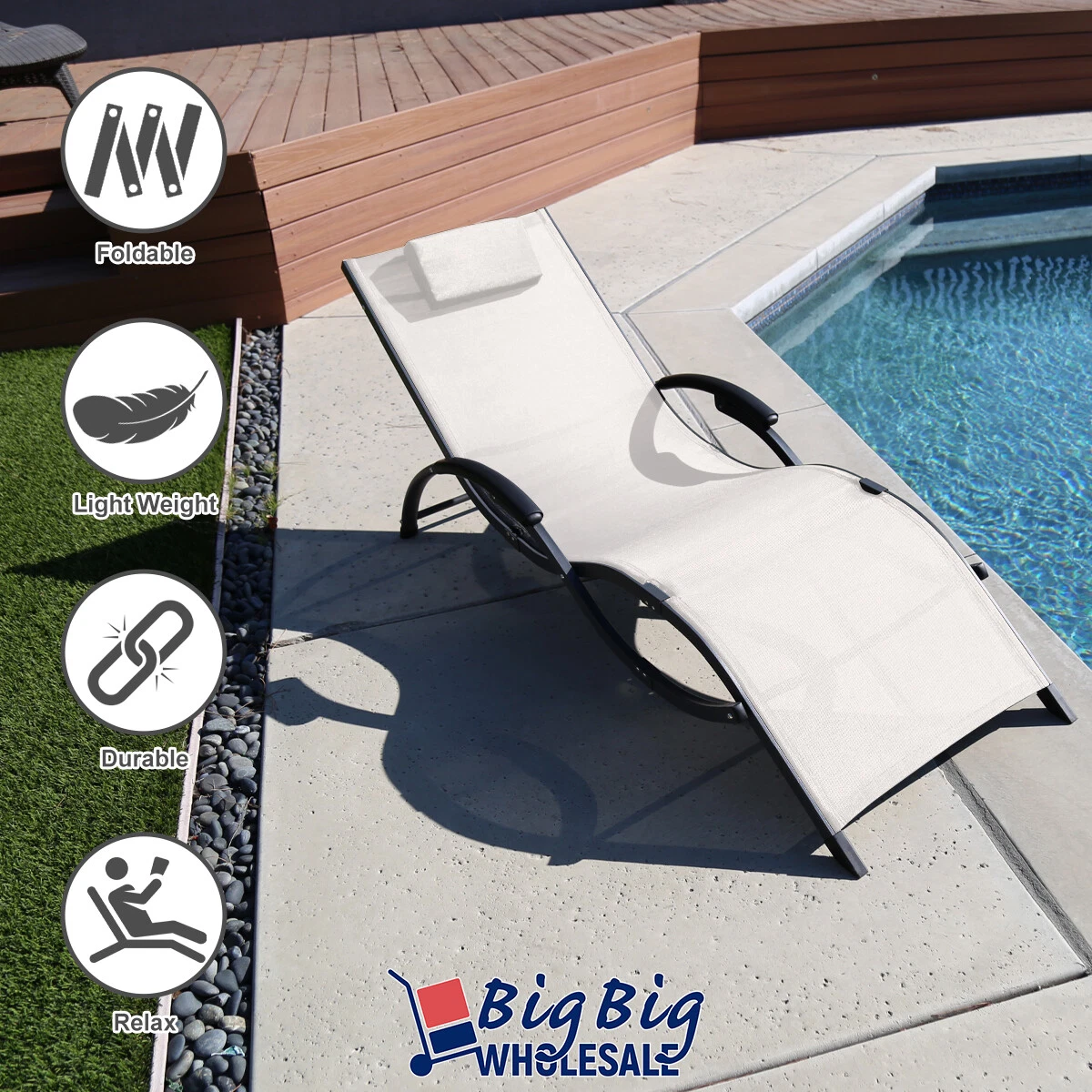2x Outdoor Patio Sun Loungers Beach Pool Garden Folding Chair Porch Chaise Beige