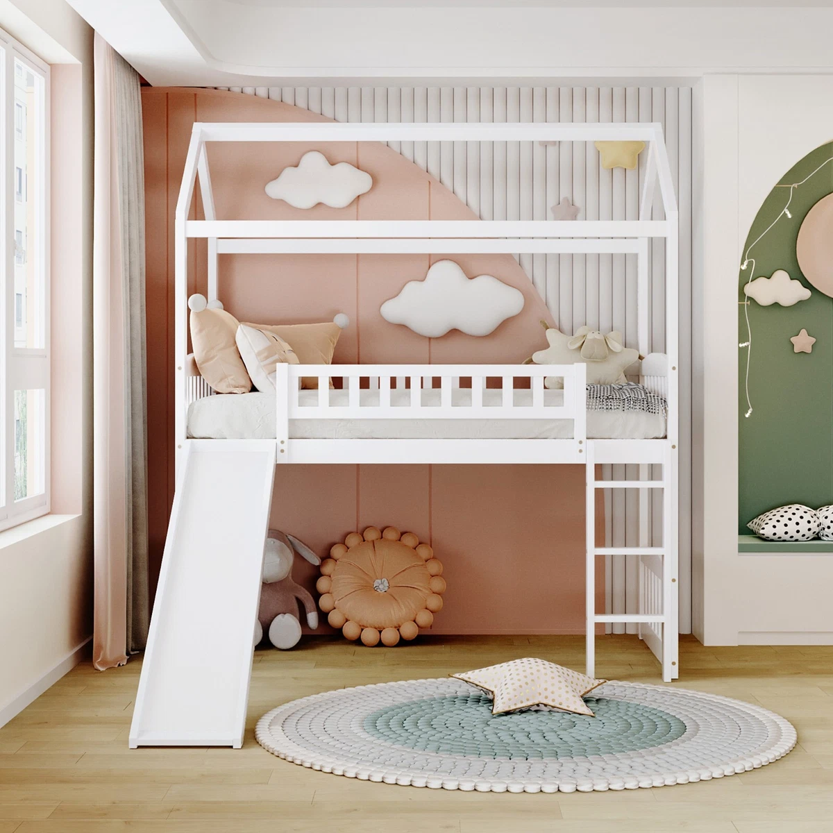 Twin Loft Bed House Bed with Slide White Bed Frame Young Bedroom