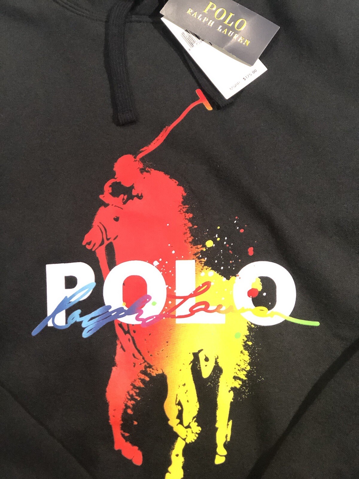 Felpa con cappuccio polo Ralph Lauren Tie Dye vernice splatter grande pony nera uomo taglia media