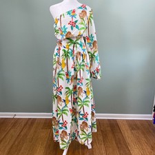 Farm Rio Midi Dress Tropical Paradise One Shoulder Womens Large Cutout Waist