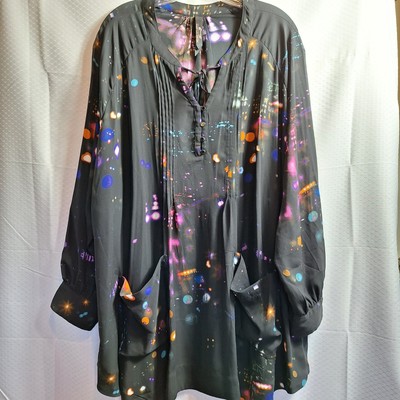 MELISSA MCCARTHY Tunic Top Sz 2X Black Multi Geo Semi Sheer Front Pockets Mature