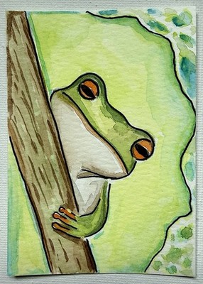 ACEO Original Tree Frog Watercolor Mini Art Card ATC By Liz Benavides