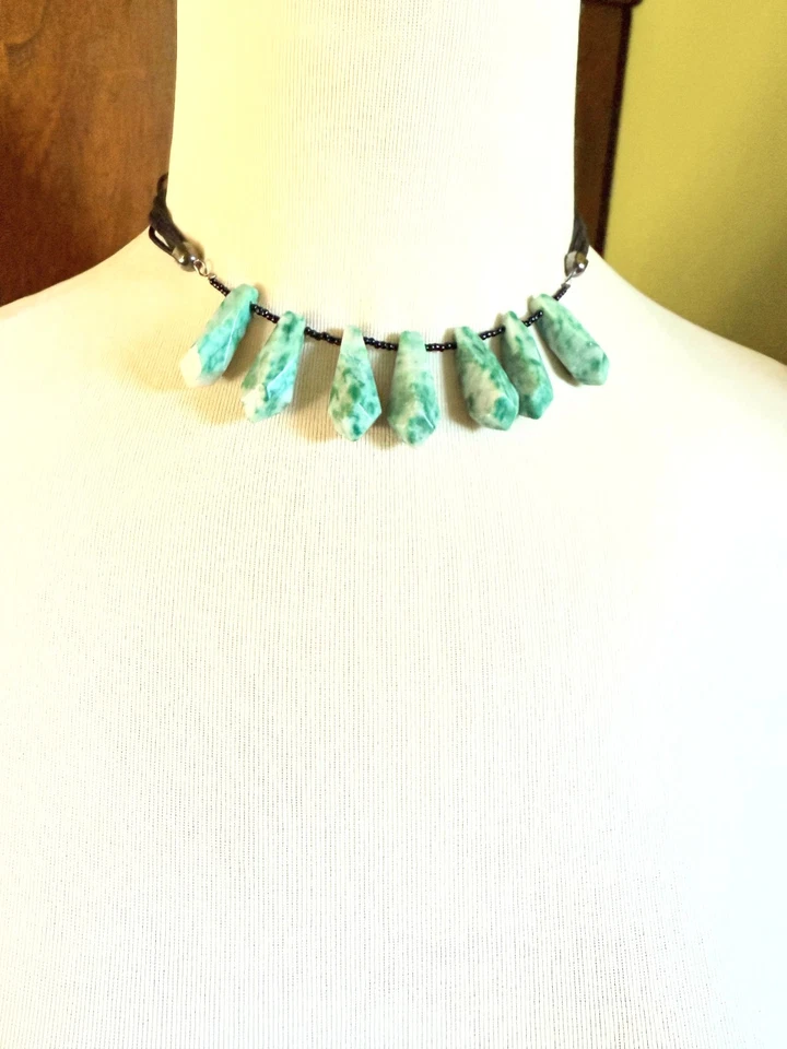 Пятно яшмы камень ожерелье натуральный зеленый белый бисер 14,5 «+ 2» расширитель ошейник - Изображение 3 из 4