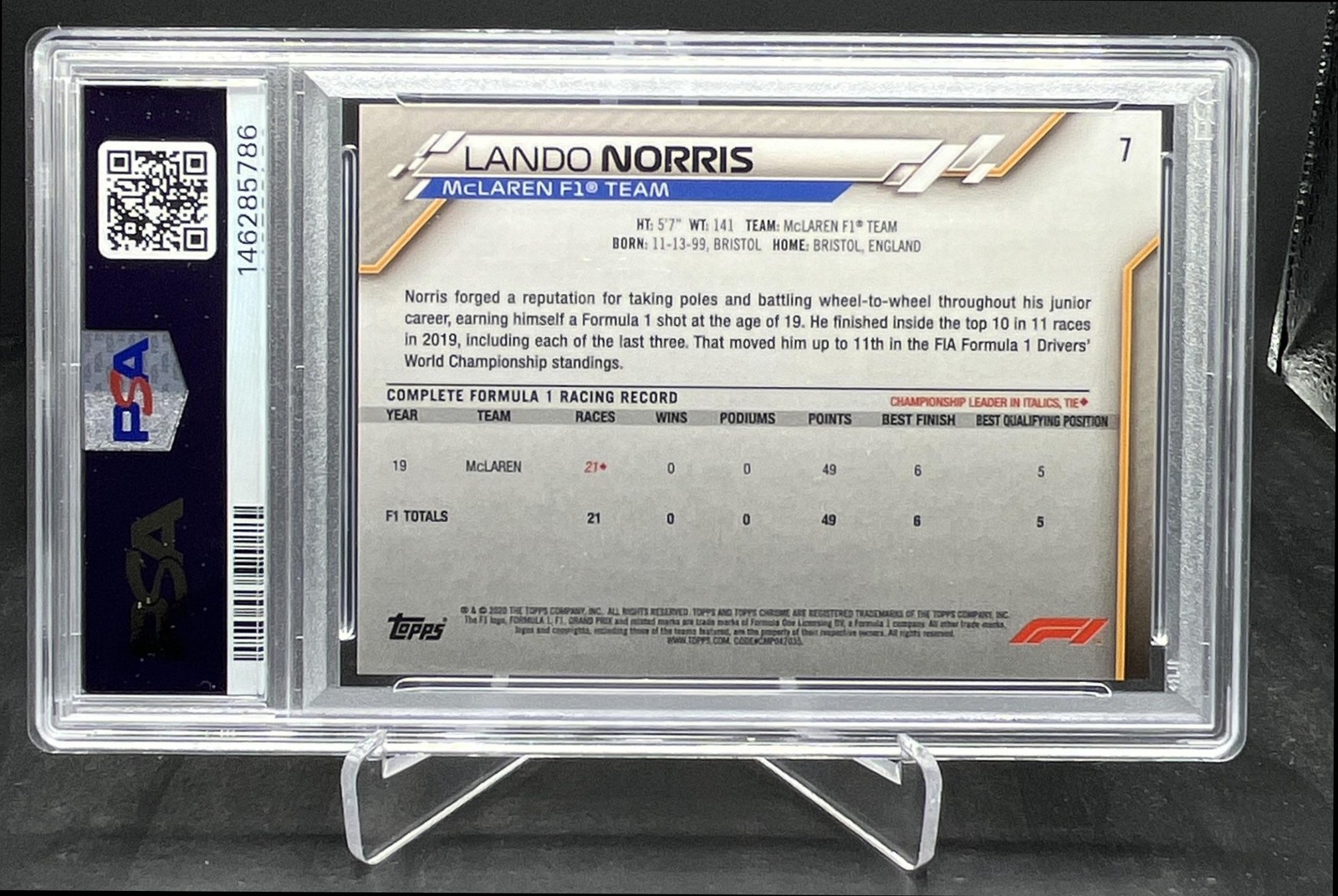 2020 Topps Chrome Sapphire F1 Lando Norris RC Rookie Image Variation IV PSA 9 #7 view 2