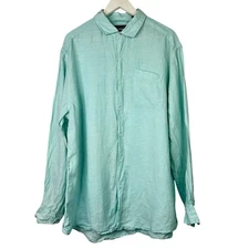 Saks Fifth Avenue Linen Classic Fit Long Sleeve Button Up Top Blue Turquoise XL