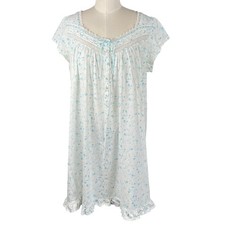 Eileen West White Blue Floral Cotton Nightgown Women's L Lace Trim Button Front