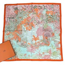 Excellent HERMES Carre 90 "Faubourg Tropical" Multi Silk Scarf 100 Authentic
