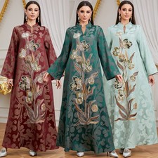 Women Arabic Robe Evening Gown Long Sleeve Embroidery Maxi Dress Kaftan Abaya