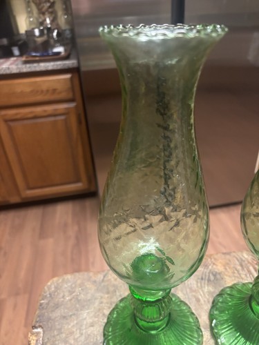 VINTAGE ITALIAN TUSCANY EMPOLI GLASS GREEN CANDLESTICK HURRICANE LAMPS PAIR - Picture 2 of 8