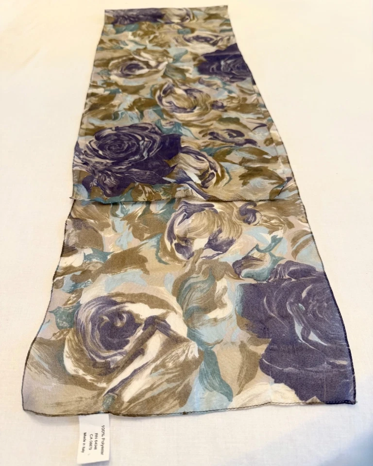 复古丝绸半透明围巾 10x54 英寸水彩花卉紫色、青绿色、棕色玫瑰 — 第 3/4 张图片