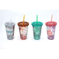 300 ml Trinkbecher mit Glitzer, Deckel und Tr...