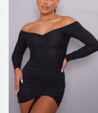 Pretty Little Thing Whimsical Ruched Milkmaid Dress Black 12 Dark Fairy Sexy