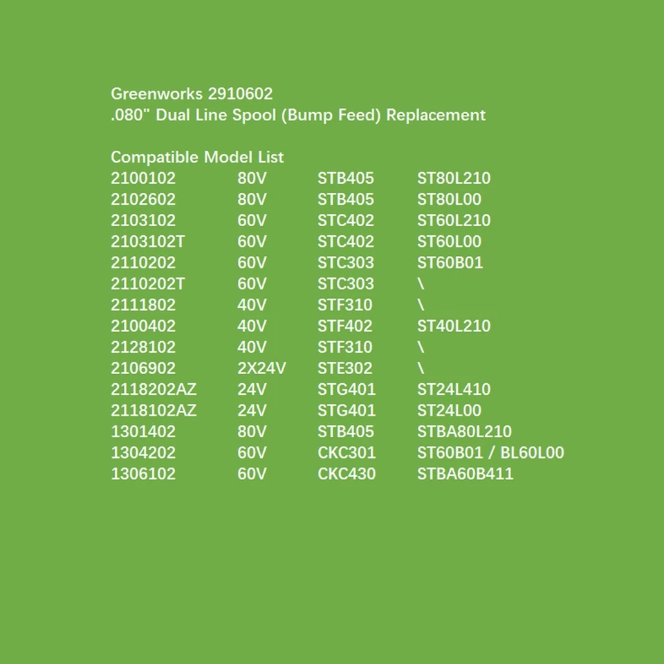 Carrete de doble línea de 0,080" (alimentación de golpes) para recortadora de cuerdas Greenworks ST80L00 ST60L00 Foto 4 de 4