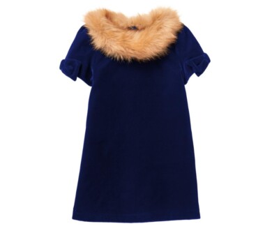 janie and jack blue velvet dress & Faux Fur dark 12-18 months Designed with velvet bows medium blue Rhapsody - Dusty blue Color:Denim Blue