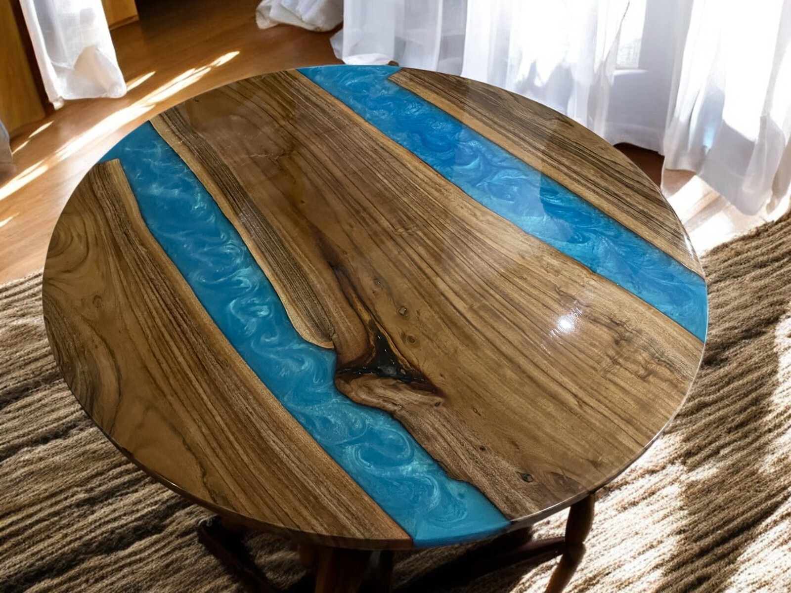 Round Blue Epoxy Coffee & End Table Top Sofa Centerpiece Living Room Outdoor Dec-image