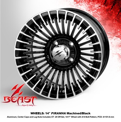 GOLF CART 14''x7'' 'PIRANHA' (BEAST) MACHINED/BLACK ALUMINUM WHEELS / RIMS x4