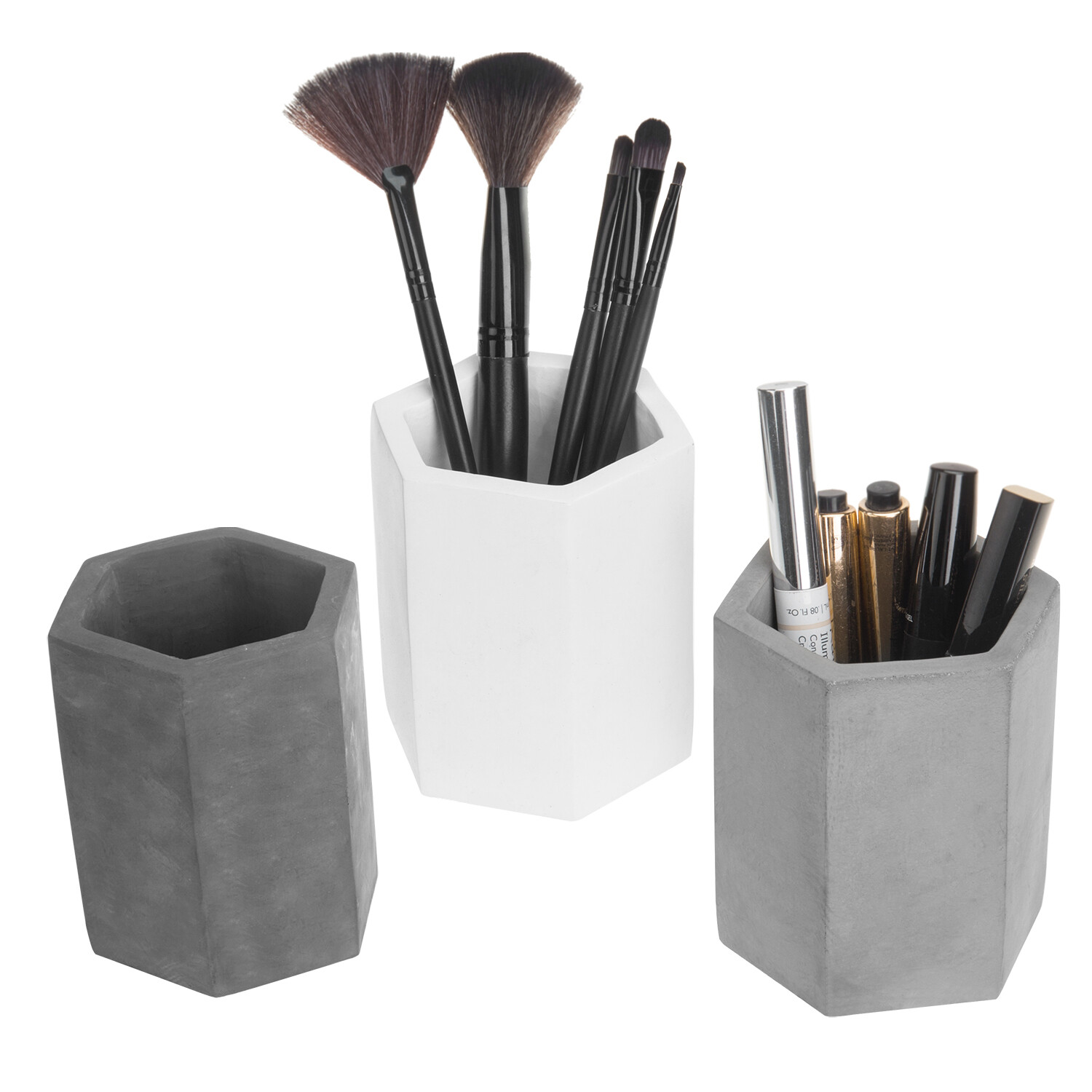 MyGift Set of 3 White Gray and Black Hexagon Concrete Desktop Pencil Cup Holders
