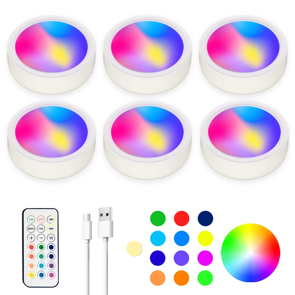 Rechargeable Under Cabinet Lighting LED Kitchen Shelf Puck Lights RGB Tap Remote - Image 2 of 4