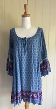 DRESS Mini 3/4 sleeve lace frills Scoop neck Tie front Blue Sz S/M Boho Hippie