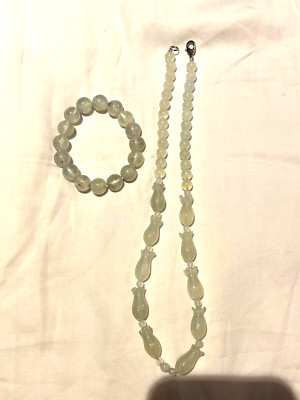 NATURAL Semi translucent Xiu Yan Jade Necklace & Prehnite Bracelet Set