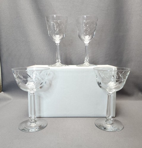 Vintage Libbey Rock Sharpe Laurel Wreath Champagne Coupes & Wine Glasses Set (4) - Picture 2 of 4