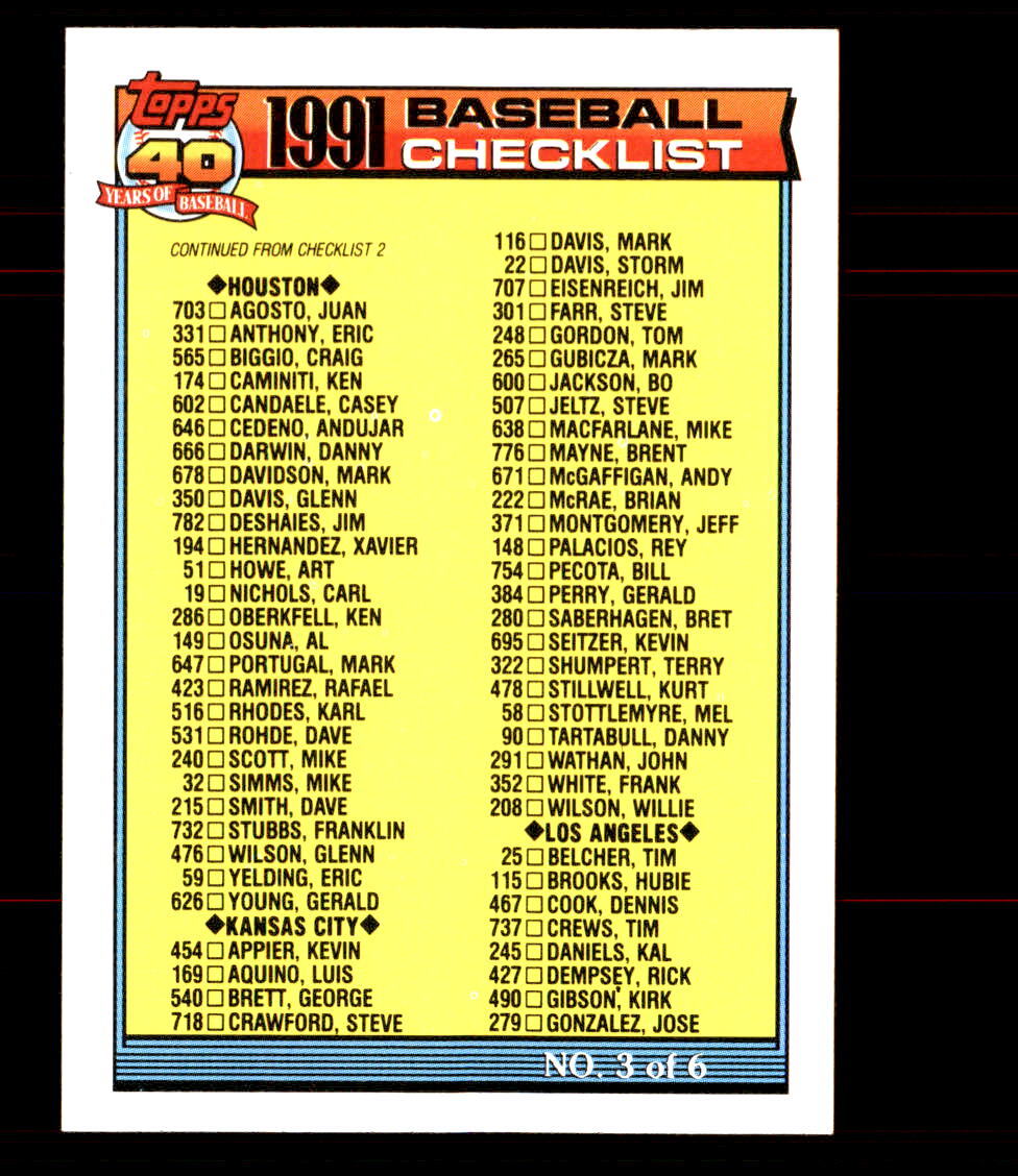 1991 Topps #366 Checklist 3 of 6