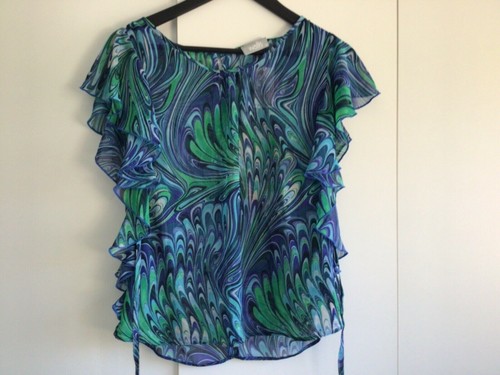 Women's Ladies “Wallis” Non Crease Printed Frilly Blue/Green Top Blouse Size 10 - Picture 9 of 11