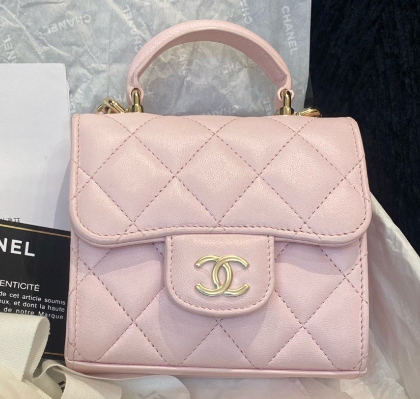 Chanel Diamond Mini Top Handle Bag Chain Crossbody Pink Gold Women Fashion