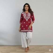 Red Chikankari Short Cotton Kurti For women Handmade Lucknowi Embroidered Kurti