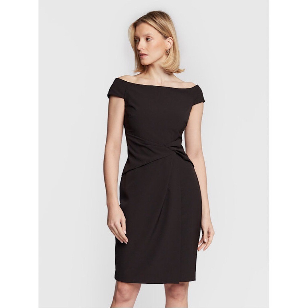ralph lauren off the shoulder black dress Ralph Lauren Rib Knit & Crepe Off The Shoulder Gown - Black