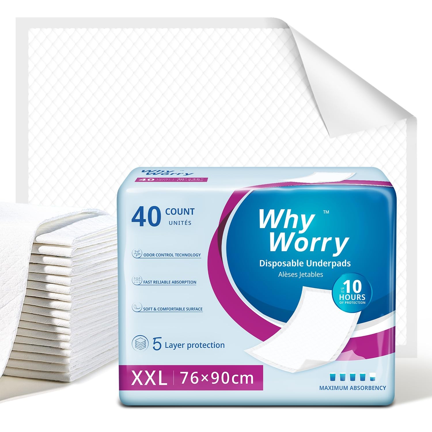 WhyWorry Disposable Incontinence Bed Pads 76 x 90 cm, Bed Wetting Mats for Adult