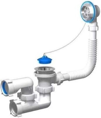 Bath Shower Drain Flat w/ Flexible Pipe & Overflow P-Trap E250 for Acrylic Bath