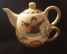 Suzi Skoglund Tea for One Stacking Tea Pot & Cup , Snow Man, Joy to the World 