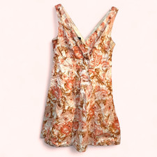 8P Lands End Floral Crossover V-Neck Fit & Flare Dress Cottage Beige Orange pink