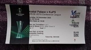 2025/26 UEFA Conference League Ticket CRYSTAL PALACE v. KuPS