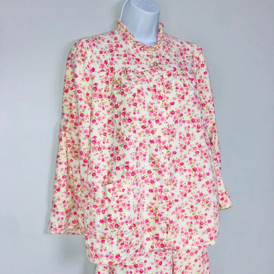 Pijama vintage para mujer S rosa floral manga larga parte superior inferior franela de algodón Foto 2 de 4