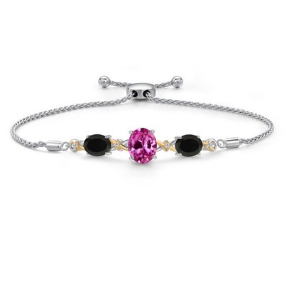 925 Silver and 10K Yellow Gold Pink Created Sapphire and Onyx and White Lab