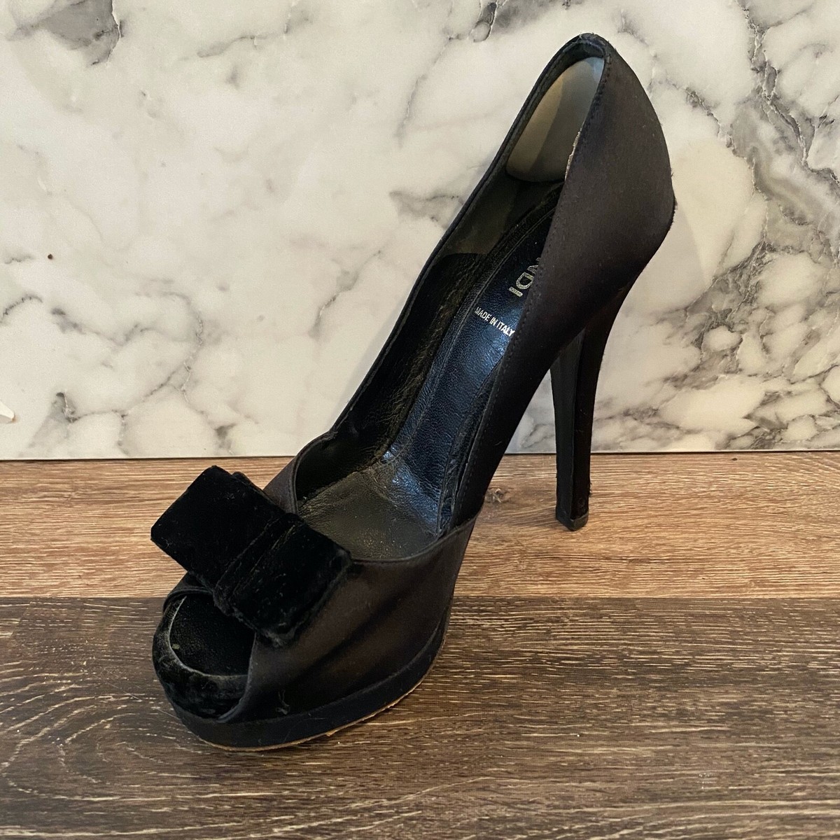FENDI Black Satin Velvet Bow Peep-Toe Platform Pumps US