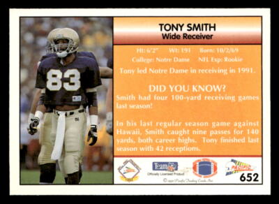 Tony Smith 1992 Pacific Rookie Card #652 Notre Dame Fighting Irish