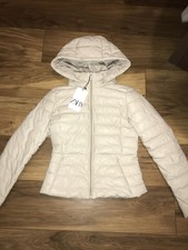 Ladies Size M Uk 8 Zara Faux Leather Ecru Puffer Jacket Coat Hooded Bnwt Sold Ou