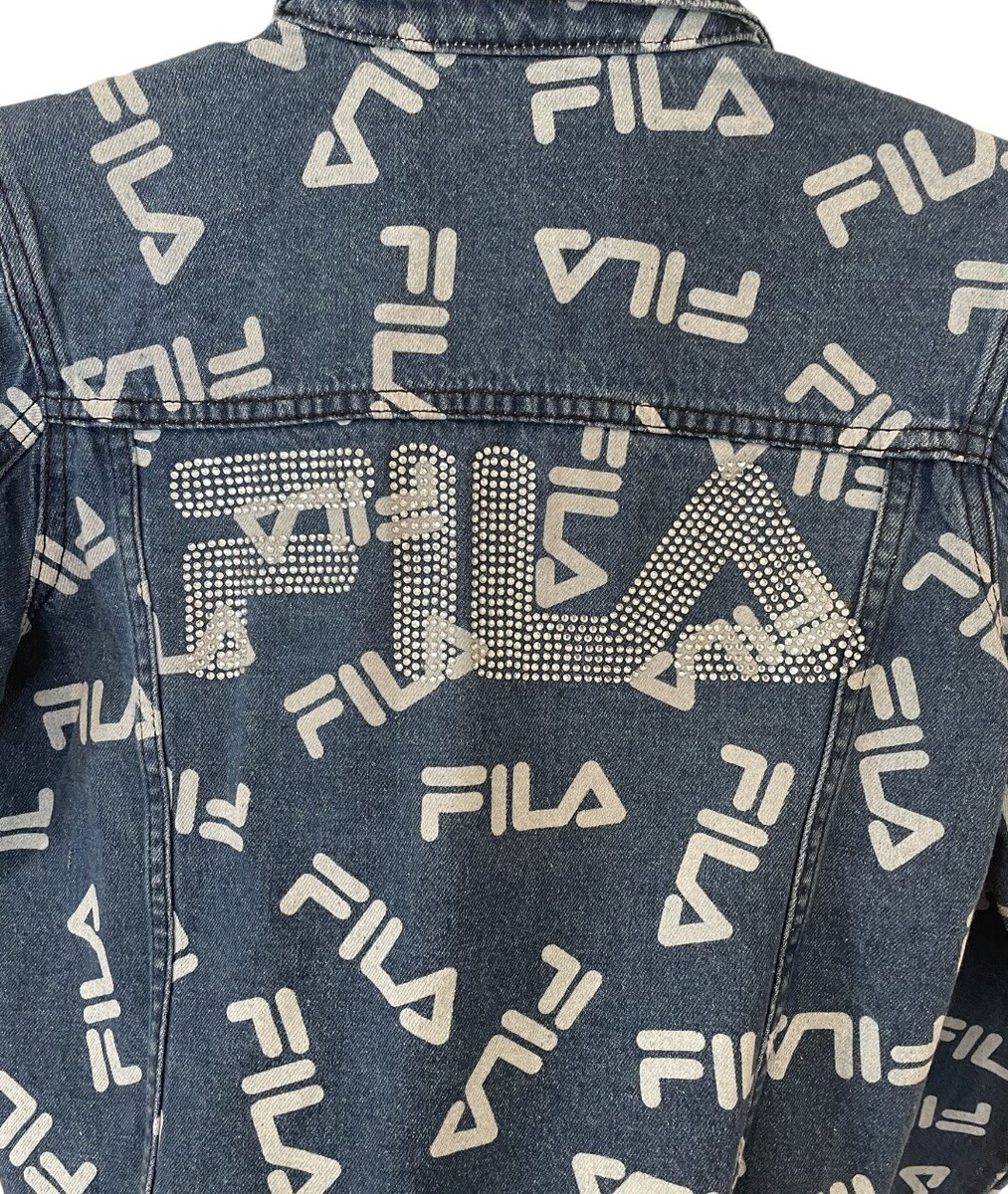 FILA Jacket Womens Extra Small Spell Out Denim Blue Rhinestones Buttons Cotton