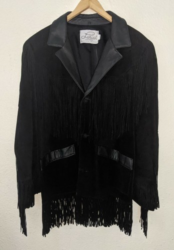 LARIAT LEATHERS WESTERN FRINGED LEATHER JACKET COAT XL Black L@@K made in USA - Afbeelding 1 van 11