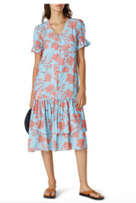 LoboRosa Botones Shift Dress Floral Button Front V-Neck Tier Short Sleeve Size M