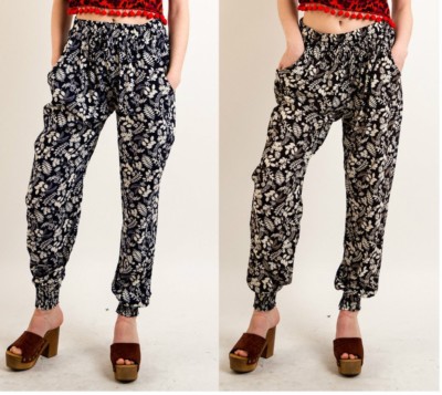 Jogginghose Damen schwarz weiß Allover Blumen Blätter Print elastisch Baumwolle