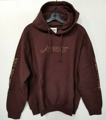 Awake NY Classic Outline Logo Paneled Embroidered Hoodie Brown Sz