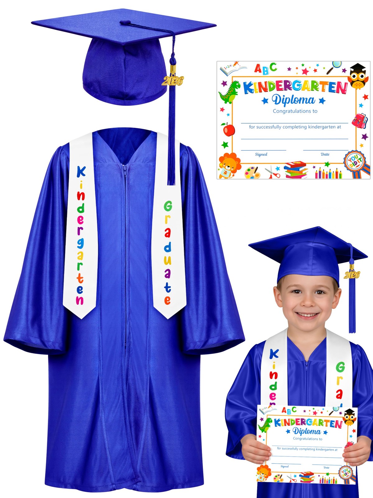Kindergarten Graduation Cap and Gown Set, 2025 Kids Graduation Outfit with Ta...