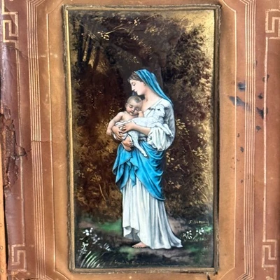 Plaque émail de Limoges Vierge à l'Enfant d'après W.Bouguereau F Normand - Photo 1/4