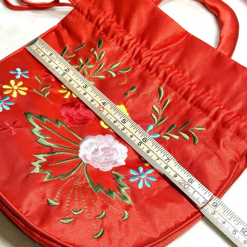 Rote Satin Blume Kordelzug Handtasche-Vintage asiatisch bestickt Umhängetasche - Bild 6 von 9